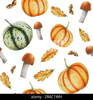 Herbstfarben isoliertes nahtloses Muster mit Kürbissen, Eichenblättern, Eicheln, Pilzen, Boletus, Porcini-Pilze, weißer Hintergrund. Saisonaler Herbst Stockfoto