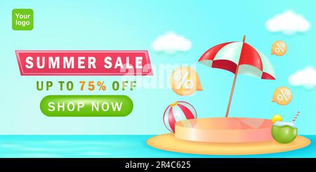 Sommerangebot. Podium mitten im Meer, Strandschirm, 3D Text Ball Discount Wortelement. Podium mit Sommer- und Strandmotiv. Geeignet für Werbung Stock Vektor