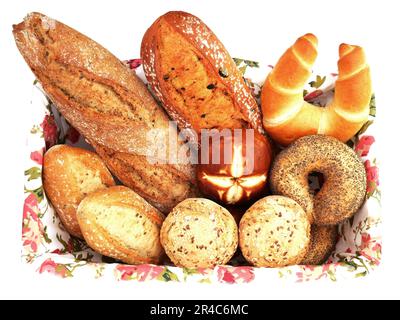 Korb mit frischem und knusprigem Brot aus natürlichen Zutaten, angereichert mit Getreidekörnern. Stockfoto