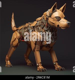 Eine Metallskulptur eines Hundes, der auf seinen Hinterbeinen steht, aus Plastikteilen Stockfoto