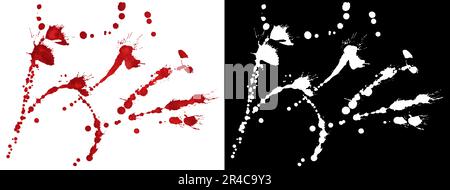 Bluttropfen und Spritzer isoliert auf weißem Hintergrund mit Schnittmaske (Alphakanal) für schnelle Isolierung. Stockfoto