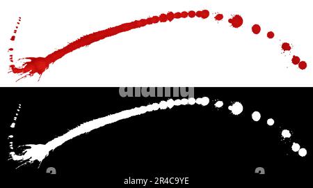 Bluttropfen und Spritzer isoliert auf weißem Hintergrund mit Schnittmaske (Alphakanal) für schnelle Isolierung. Stockfoto