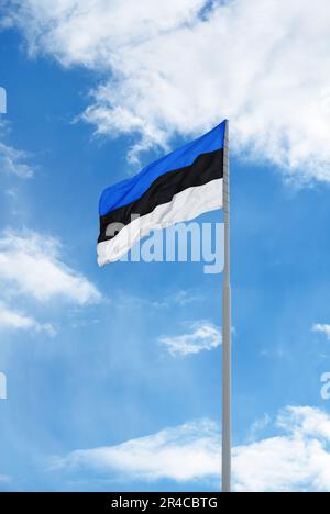 Die Flagge Estlands winkt vor blauem Himmel und Wolken Stockfoto