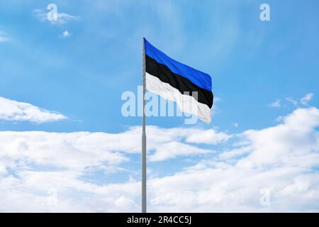 Die Flagge Estlands winkt vor blauem Himmel und Wolken Stockfoto