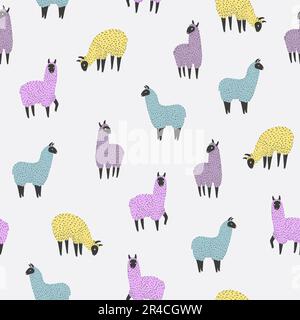 Seamless pattern with cute colorful llama. Vector background with doodle lamas Stock Vektor