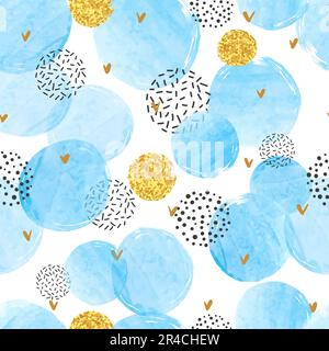 Nahtloses gepunktetes Muster mit blauen, wasserfarbenen Kreisen. Abstrakter Vektorhintergrund. Stock Vektor