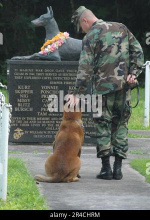 US Navy Petty Officer 2. Klasse A Military Working Dog (MWD)-Betreuer streichelt den Kopf seines MWD auf dem war Dog Cemetery auf der Marinebasis Guam. (FREIGEGEBEN) Stockfoto