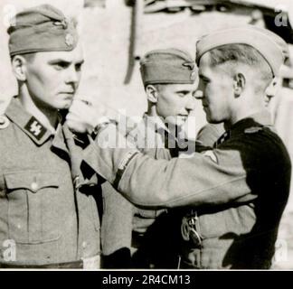 SS-Fotograf Willi Altstadt, Wiking Division, Russland 1942. Dorfszenen in der Gegend von Rostow, ein Panzer III (mit Einheitensymbolen) und panzer Grenadier auf der Steppe, Kampfszenen entlang eines Flusses, Nahaufnahmen der Infanterie auf dem Feld mit individuellen und Besatzungswaffen, eine Flussüberquerung (Überfall und Pontonflöße), Bau eines Straßenblocks, russische Kriegsgefangene, SS-Soldaten zum Angeln und Schwimmen, Zeremonie der Einheiten, Beobachtungsposten mit Blick auf einen Fluss und schwere Artilleriecrew mit Haubitzen. Bilder, die die Front-Front-Aktivitäten der Waffen-SS-Einheiten an der westlichen und östlichen Front zeigen, i. Stockfoto