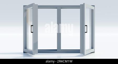 Isolierter Ausschnitt mit neuem silbernen Rahmen und offenem Fenster auf leerem weißem Hintergrund. Speicherplatz kopieren. Anzeigenvorlage für Zuhause, Büro und Innenbereich. 3D-Rendern Stockfoto