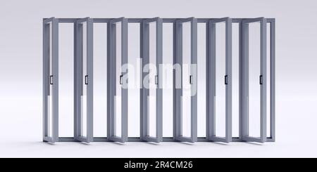 Fenster Aluminium in Reihe silbergerahmt, geöffneter isolierter Ausschnitt auf leerem weißem Hintergrund. Speicherplatz kopieren. Anzeigenvorlage für Zuhause, Büro und Innenbereich. 3D-Rendern Stockfoto