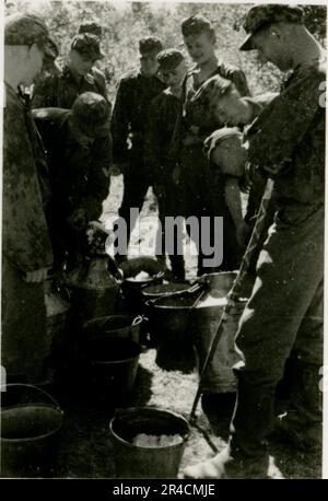 SS-Fotograf Willi Altstadt, Wiking Division, Russland 1942. Dorfszenen in der Gegend von Rostow, ein Panzer III (mit Einheitensymbolen) und panzer Grenadier auf der Steppe, Kampfszenen entlang eines Flusses, Nahaufnahmen der Infanterie auf dem Feld mit individuellen und Besatzungswaffen, eine Flussüberquerung (Überfall und Pontonflöße), Bau eines Straßenblocks, russische Kriegsgefangene, SS-Soldaten zum Angeln und Schwimmen, Zeremonie der Einheiten, Beobachtungsposten mit Blick auf einen Fluss und schwere Artilleriecrew mit Haubitzen. Bilder, die die Front-Front-Aktivitäten der Waffen-SS-Einheiten an der westlichen und östlichen Front zeigen, i. Stockfoto