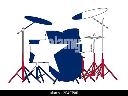 Silhouette eines Rock-Bands-Trommelkits, isoliert auf weiß und mit Texan Flag eingefasst Stockfoto