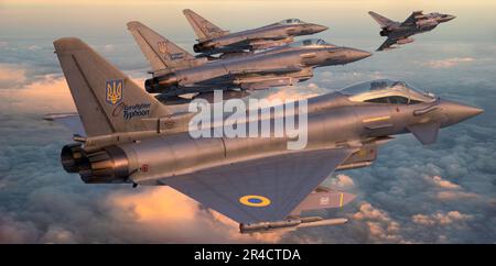 Eurofighter Typhoon ist das weltweit fortschrittlichste Swing-Role-Kampfflugzeug in den Farben der ukrainischen Luftwaffe Stockfoto