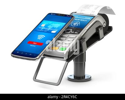 Kontaktlose Bezahlung mit Smartphone. POS-Terminal mit NFC-Mobiltelefon isoliert auf weiß. 3D Abbildung Stockfoto
