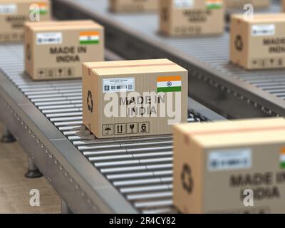 Hergestellt in Indien. Kartons mit Text „Made in India“ und indischer Flagge auf dem Rollenförderer. 3D Abbildung Stockfoto