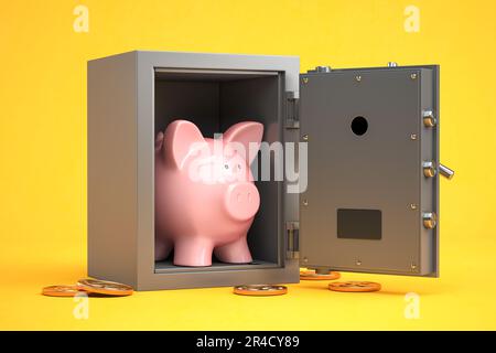 Sparschwein im Safe. Bankersparnisse, Finanzinvestitionen, Sparen für den Ruhestand - sicheres Konzept. 3D Abbildung Stockfoto