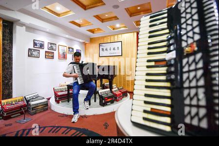 (230527) -- TIANJIN, 27. Mai 2023 (Xinhua) -- Ein Arbeiter spielt Musik mit einem Akkordeon bei Tianjin Yingwu Musical Instrument Co., Ltd. In Zhongwang, Stadt Jinghai, Nordchina Tianjin, 25. Mai 2023. Tianjin Yingwu Musical Instrument Co., Ltd. Ist ein Unternehmen mit einer 71-jährigen Geschichte in der Akkordeonherstellung. In den 1950er Jahren produzierte seine Vorgängerin Tianjin Musical Instrument Factory das erste Akkordeon im neuen China mit der Marke „Yingwu“. Von da an wurden die hier hergestellten Yingwu-Akkordeons zu Hause und im Ausland berühmt. In den letzten Jahren hat das Unternehmen TEC durchgeführt Stockfoto