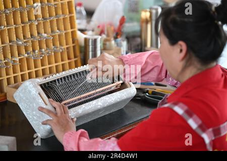 (230527) -- TIANJIN, 27. Mai 2023 (Xinhua) -- Ein Arbeiter baut ein Akkordeon in einer Werkstatt von Tianjin Yingwu Musical Instrument Co., Ltd. In Zhongwang, Stadt Jinghai, Nordchina Tianjin, 25. Mai 2023. Tianjin Yingwu Musical Instrument Co., Ltd. Ist ein Unternehmen mit einer 71-jährigen Geschichte in der Akkordeonherstellung. In den 1950er Jahren produzierte seine Vorgängerin Tianjin Musical Instrument Factory das erste Akkordeon im neuen China mit der Marke „Yingwu“. Von da an wurden die hier hergestellten Yingwu-Akkordeons zu Hause und im Ausland berühmt. In den letzten Jahren hat das Unternehmen die Stockfoto