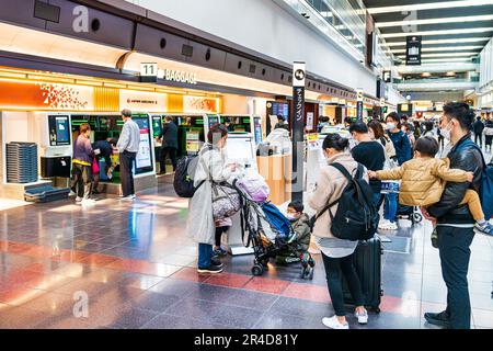 Personen, die die Check-in-Automaten in der japan Airlines Zone des Inlandsterminals 1 am Tokio Haneda Flughafen nutzen. Stockfoto