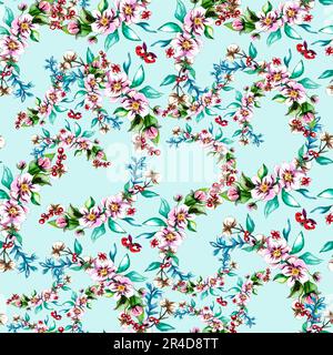 Nahtloses Muster von handgezeichneten Apfelblumen und Baumwollzweigen. Isolierter Hintergrund. Design für Hochzeitseinladungen, Stoff, Verpackung Stockfoto