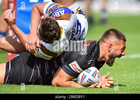 York, England - 26. Mai 2023 - Anton Iaria von Barrow Raiders feiert TRY. Rugby League Summer Bash, Whitehaven gegen Barrow Raiders im LNER Community Stadium, York, Großbritannien Stockfoto