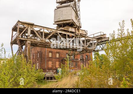 Danzig, kaiserliche Werft, Polen - 01. Mai 2019: Milk Peter, eine Kunstgalerie in der kaiserlichen Werft. Alter Kran im Vordergrund. Stockfoto