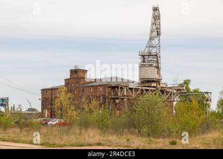 Danzig, kaiserliche Werft, Polen - 01. Mai 2019: Milk Peter, eine Kunstgalerie in der kaiserlichen Werft. Alter Kran im Vordergrund. Stockfoto