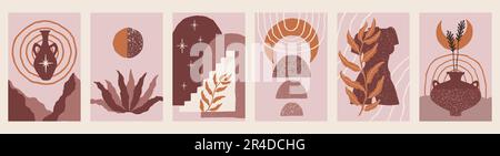 Abstrakte Bo-Ho-Ästhetik. Moderner Bogen, Bogenmuster und Body Prints, minimalistische Architektur, Tag- und Nachtlandschaft, Sammlung mit botanischen Elementen. T Stock Vektor