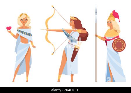 Griechische Cartoon-Götter. Alte Göttinnen. Artemis mit Pfeilen und Bogen. Athena hält Speer und Schild. Schöne Aphrodite. Gottheit der Liebe. Antikes Relig Stock Vektor