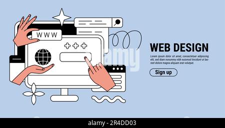 Webdesign. Landing-Page. Digitales Computermarketing. Neugestaltung der UX-UI-Website. Internet-Ingenieure-Figuren. Hände und Monitor. Webanwendung. Durchsuchen Stock Vektor