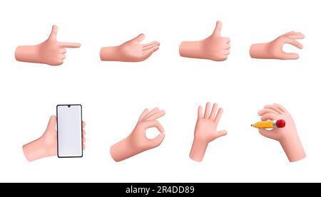 3D Hände. Realistische Zeichentrickgesten, Finger, kreative und lustige Faust, Smartphone und Bleistift halten, Daumen hoch und Handfläche, minimales menschliches Rendering, Pastell sk Stock Vektor