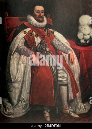 „James I“ (c1911). König James I. von England, James VI von Schottland. Von einem Gemälde von Paul Van Somer. In der National Portrait Gallery“. Veröffentlicht in "The Portrait Book of Our Kings and Queens 1066-1911", herausgegeben von T. Leman Hare. [T.C. &amp; E. C. Jack, London &amp; Edinburgh] Stockfoto