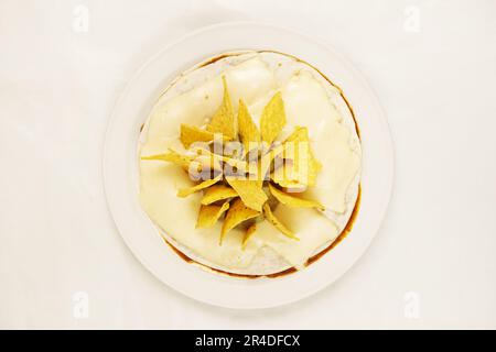 Ein Teller Nachos mit Guacamole und geschmolzenem Käse Stockfoto