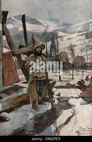 "En Elsace; A Metzeral (Janvier 1916)", 1916. Aus der „Collection de la Guerre IV L'Illustration Tome CXLVIII. La Guerre Juillet, Aout, Septembre, Octobre, Novembre, Dez. 1916". (Im Elsass; In Metzeral (Januar 1916)) Stockfoto