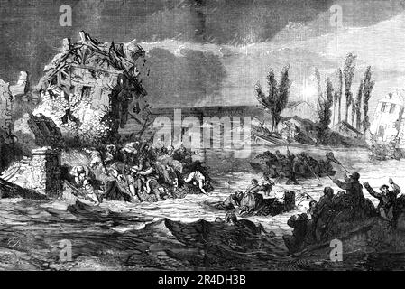 Die Überschwemmung in Lyon - gezeichnet von Gustave Dore, 1856. "Der englische Reisende, der Frankreich besucht hat und die Bezirke kennt, durch die die Rhone von Lyon ins Mittelmeer fließt, kann sich kaum vorstellen, welche Ruine durch die Zerstörung dieser Gewässer verursacht wurde. Die Überschwemmung umfasst in ihren Verwüstungen über 550 englische Meilen, von Lyon bis zum Delta La Camargue und von Orleans bis zum Meer über die gesamte Länge der Isere bis zu ihrer Kreuzung mit der Rhone; Das heißt, die Gewässer bedeckten eine große Menge Ountry, nicht weniger als 500 Meilen, oder 1200 eng Stockfoto