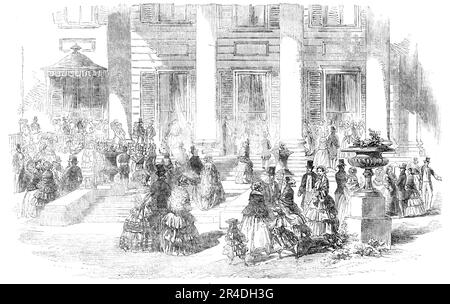 Der Empfang des Lord Leutnants und Promenade, Dublin, 1856. Party von George Howard, 7. Earl of Carlisle. "Eine Zeremonie am Hof unter freiem Himmel ist eine Szene der großen Freude, die besser für die heutige Saison geeignet ist als die künstliche Pracht der Staatssäle. Und der Oberleutnant von Irland hat die überlegenen Abmachungen der Versammlung unter freiem Himmel bewiesen, indem er seine Empfänge und Promenade auf dem Gelände vor der Viceregal Lodge abhielt, anstatt in den herrschaftlichen Saloons des Schlosses. Der erste Empfang und die Promenade der Saison wurden von seiner Exzellenz am Nachmittag des 7. Die Stockfoto