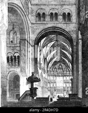 St. Albans Abbey: Chor und hoher Altar, 1856. „Während seiner gesamten Geschichte als Abteikirche war es von Zeit zu Zeit bereichert durch Zubehör, wie Denkmäler, Bildschirme, &amp;c., &amp;c., So dass es, selbst in seinem gegenwärtigen Zustand, eine perfekte Studie der Architektur des Mittelalters ist, mit Exemplaren der bemerkenswertesten Art aller Epochen der englischen kirchlichen Architektur... jeder Versuch, den alten Haufen "zu "verfeinern", wird ernsthaft ausgeschlossen. Reparieren, was ehrenhaft ist, „Wiederherstellen, wo Schönheit der Form gebraucht wird“, sagt Scott. Und die Herzlichkeit, mit der Stockfoto