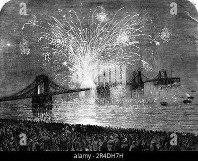 Das Friedensfest in Brighton - Feuerwerk am Kettenpier, 1856. Bericht in der Zeitung "Brighton Herald" über die Feierlichkeiten zum Ende des Krim-Krieges. "...wurden Signalraketen in der Luft gesehen, der Lärm von Berichten war zu hören, und es gab einen enormen Rausch zu den Klippen, die zusammen mit dem Strand in kurzer Zeit mit Menschen bedeckt waren. Das Feuerwerk am Pier wurde von Southby, dem erfahrenen Londoner Pyrotechniker, vorbereitet. Die festen Stücke waren sehr schön. Allgemein wird die Auffassung vertreten, dass in Brighton nichts derart überlegenes zu sehen sei. Von einem sehr guten Stockfoto