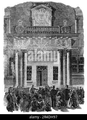 Die Friedensbeleuchtung: Die französische Botschaft, Albert-Gate, 1856. Londoner Feierlichkeiten anlässlich des Endes des Krimkrieges. "In einem Anfall von alter, jugendlicher Aufregung... wollten die alten Herren Englands das Volk "fröhlich" machen, ihnen ein großes Spektakel geben, wie Kinder und Wilde lieben, und den Kriegsdämon in den Parks der Metropole in einem Schauer von Raketen und römischen Kerzen ausbeuten, Und inmitten eines Rauschs von Blau und purpurrot wurde flame...it beschlossen, den verdienstvollen Geburtstag der Königin und den unheilvollen Friedensvertrag am selben Abend zu feiern... zehn und wahrscheinlich t Stockfoto