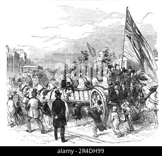 Das Friedensfest - Landbesucher bei der Lichterglanz, 1856. Paris bereitet sich auf das Ende des Krim-Krieges vor. "Die Vorbereitungen für die Beleuchtung, besonders die des Hotels de Ville, sind in der höchsten Größenordnung. Auf dem Place de la Concorde wird ein herrliches Feuerwerk stattfinden." Aus "Illustrierte London News", 1856. Stockfoto