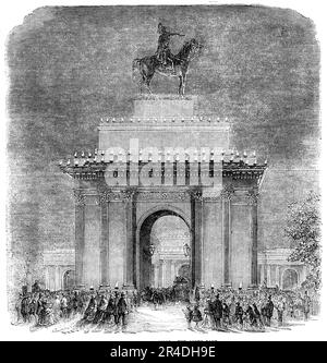 Peace Illuminations - The Green Park, 1856. Londoner Feierlichkeiten anlässlich des Endes des Krimkrieges. "In einem Anfall von alter, jugendlicher Aufregung... wollten die alten Herren Englands das Volk "fröhlich" machen, ihnen ein großes Spektakel geben, wie Kinder und Wilde lieben, und den Kriegsdämon in den Parks der Metropole in einem Schauer von Raketen und römischen Kerzen ausbeuten, Und inmitten eines Rauschs von Blau und purpurrot wurde flame...it beschlossen, den verdienstvollen Geburtstag der Königin und den unheilvollen Friedensvertrag am selben Abend zu feiern... zehn, und wahrscheinlich zwanzig, tausend Stockfoto