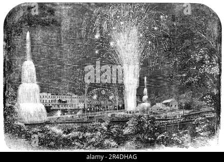 Das Friedensfest in Lynn - das Feuerwerk im Green-Park: Das große Finale 1856. Zur Feier des Endes des Krim-Krieges in Norfolk: "...ein Feuerwerk auf dem Dienstagsmarkt". Die Worte "Gott schütze die Königin" sind im Licht zu sehen. Aus "Illustrierte London News", 1856. Stockfoto