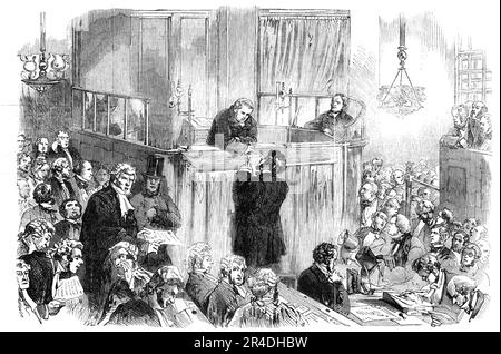 Der Vergiftungsfall in Rugeley - Prozess gegen William Palmer im Zentralstrafgericht 1856. Der englische Arzt William Palmer, auch bekannt als der Rugeley-Giftmörder oder der Prinz der Giftmörder, wurde in einem der berüchtigtsten Fälle des 19. Jahrhunderts des Mordes für schuldig befunden. Palmer hatte Schulden, weil er auf Pferderennen spielte, und schloss Lebensversicherungen für seine Frau und Bruder Walter ab. Sein Freund John Parsons Cook wurde krank, nachdem er Gin getrunken hatte, den Palmer mit Strychnin vergiftet hatte. Palmer wurde wegen Mordes und Fälschung verhaftet. Palmer hatte die Unterschrift seiner Mutter gefälscht Stockfoto