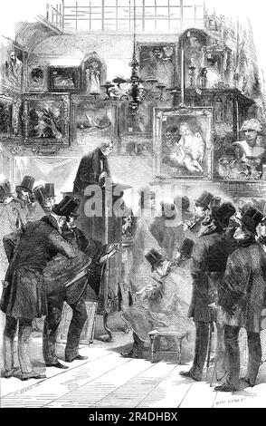 Bilderverkauf bei den Herren Christie und Manson's, King-Street, St. James's, [London], 1856. „... eine der großen Attraktionen jeder Londoner Saison; für den Mann der Kunst, Briefe und Freizeit ist „Christie's“ genauso ein nationales Etablissement und eine Lieblingslounge wie die Royal Academy oder die Oper. Wir sind aufgrund des Drucks der Nachrichten der Woche gezwungen, eine historische r&#xe9;Sum&#xe9; der wichtigen Sammlungen, die von den Herren Christie und Manson und ihren Vorgängern im Zimmer der King-Street verteilt wurden, auf nächste Woche zu verschieben. Wir werden jetzt noch das Accompanyin hinzufügen Stockfoto