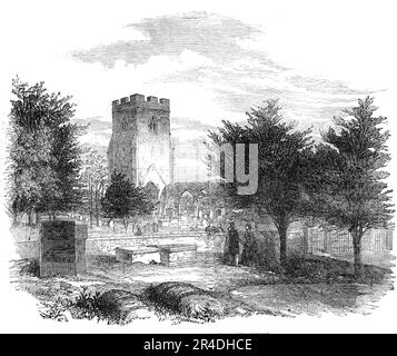 Das Grab von Cook, auf dem Rugeley-Friedhof, 1856. Der englische Arzt William Palmer, auch bekannt als der Rugeley-Giftmörder oder der Prinz der Giftmörder, wurde in einem der berüchtigtsten Fälle des 19. Jahrhunderts des Mordes für schuldig befunden. Palmer hatte Schulden, weil er auf Pferderennen spielte, und schloss Lebensversicherungen für seine Frau und Bruder Walter ab. Sein Freund John Parsons Cook wurde krank, nachdem er Gin getrunken hatte, den Palmer mit Strychnin vergiftet hatte. Palmer wurde wegen Mordes und Fälschung verhaftet - Palmer hatte die Unterschrift seiner Mutter gefälscht, um sie zu betrügen - wurde im Old Bailey angeklagt Stockfoto