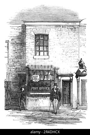 Die Post, Rugeley, 1856. Der englische Arzt William Palmer, auch bekannt als der Rugeley-Giftmörder oder der Prinz der Giftmörder, wurde in einem der berüchtigtsten Fälle des 19. Jahrhunderts des Mordes für schuldig befunden. Palmer hatte Schulden, weil er auf Pferderennen spielte, und schloss Lebensversicherungen für seine Frau und Bruder Walter ab. Sein Freund John Parsons Cook wurde krank, nachdem er Gin getrunken hatte, den Palmer mit Strychnin vergiftet hatte. Palmer wurde wegen Mordes und Fälschung verhaftet - Palmer hatte die Unterschrift seiner Mutter gefälscht, um sie zu betrügen - wurde 185 im Old Bailey in London angeklagt Stockfoto