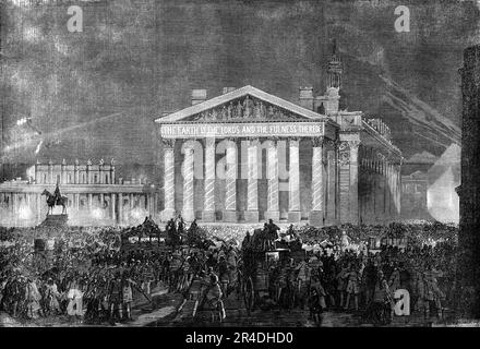 Peace Illuminations - The Royal Exchange, 1856. Londoner Feierlichkeiten anlässlich des Endes des Krimkrieges. "In einem Anfall von alter, jugendlicher Aufregung... wollten die alten Herren Englands das Volk "fröhlich" machen, ihnen ein großes Spektakel geben, wie Kinder und Wilde lieben, und den Kriegsdämon in den Parks der Metropole in einem Schauer von Raketen und römischen Kerzen ausbeuten, Und inmitten eines Rauschs von Blau und purpurrot wurde flame...it beschlossen, den verdienstvollen Geburtstag der Königin und den unheilvollen Friedensvertrag am selben Abend zu feiern... zehn und wahrscheinlich zwanzig, du Stockfoto