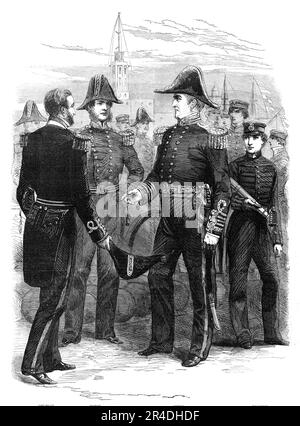 Die New Naval Uniformen, 1856. In '...der Dress Uniform des Admirals... gibt es drei Reihen, nur von herausragenden Spitzen auf den Ärmeln; und die Schultern haben Spitzenriemen mit drei Sternen, im Halbmond, über ihnen gekreuztes Schwert und Stab, überragt von einer Krone. Der Mantel ist aus blauem Stoff mit weißem Kragen; die Hose ist aus blauem Stoff mit 1&#xbd; Zoll goldenen Schnürsenkeln an der Außenseite; Die Stickerei der Schulterblätter, der Schwertknoten und der Gürtel sind sehr attraktiv, besonders die goldenen Eichenblätter und Eicheln, und die Klammer mit Krone, Anker und Lorbeer. Das Schwert, mit festem Griff, halb Stockfoto