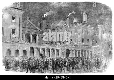 Die Friedensbeleuchtung - die Admiralität, 1856. Londoner Feierlichkeiten anlässlich des Endes des Krimkrieges. "Es war notwendig, dass die Menschen die Freude teilen oder zu teilen scheinen, die der offizielle Verstand empfand, dass die Diplomatie diesem sehr unangenehmen und sehr mühsamen Krieg ein Ende gesetzt hatte, in dem Großbritannien so hohe Kosten zu tragen hatte, Und so kleine satisfaction...it zu ernten, wurde beschlossen, den vielversprechenden Geburtstag der Königin und den unglücklichen Friedensvertrag am selben Abend zu feiern... die Lichter, die üblich sind, um die Liebe und den Respekt der Menschen für die auszudrücken Stockfoto