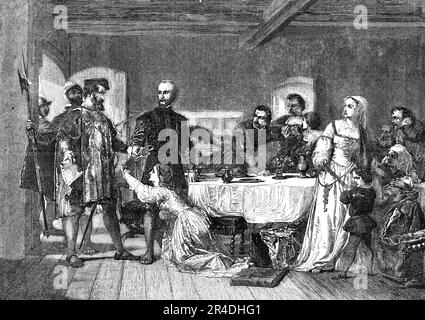 "Die Verhaftung von John Brown, von Ashford, einem Lollard, und einem der ersten Märtyrer in der frühen Zeit von Heinrich VIII." - von A. Johnston - von der Royal Academy Exhibition 1856. Gravur nach einem Gemälde, das ein Ereignis aus dem Jahr 1517 darstellt. "Mr. Johnston fand die Geschichte in D'Aubignes " Geschichte der Reformation": Browns Frau war am selben Tag in der Kirche, ein Festmahl wurde für ihre Freunde vorbereitet, wie es bei solchen Gelegenheiten üblich war, und sie alle hatten ihre Plätze am Tisch eingenommen, mit Freude auf jedem Gesicht, als die Straßentür abrupt geöffnet wurde, und Chilton, die Stockfoto